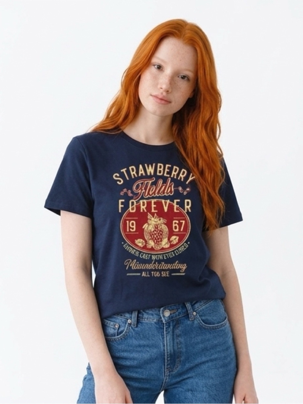 New/Sealed in Package Women’s Tee Honoring The Beatles “Strawberry Fields” SZ-XL